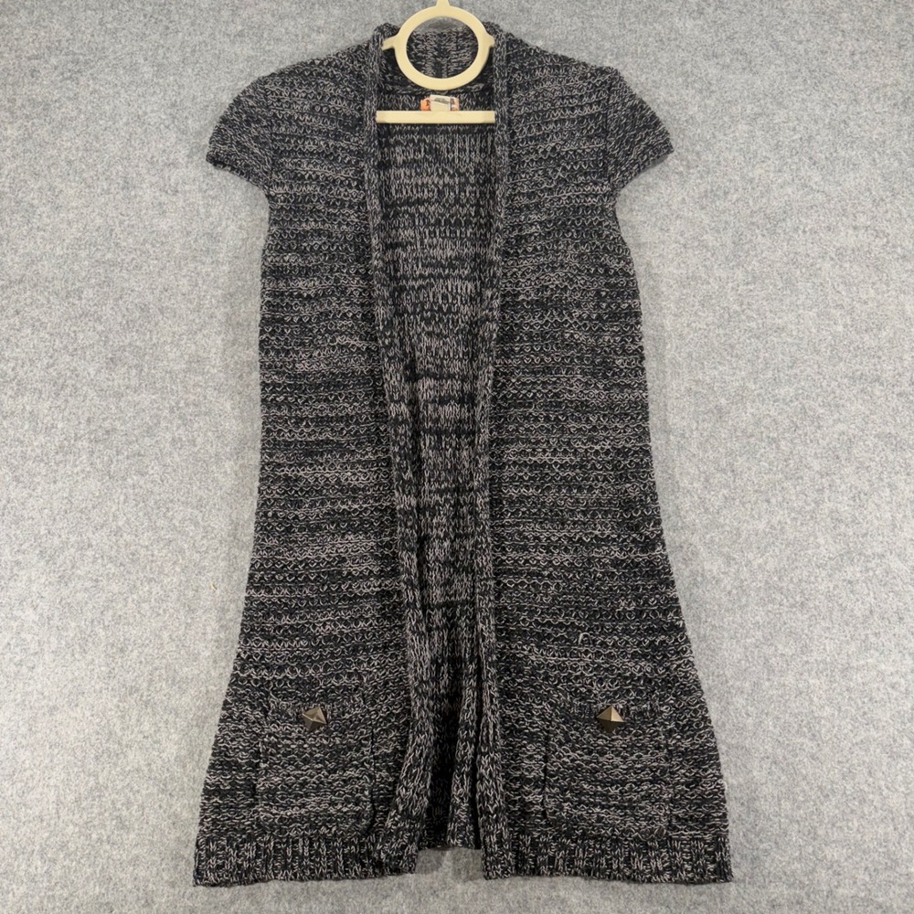 Mudd Womens Black White Marled Knit Open Front Longline Vest Cardigan Large